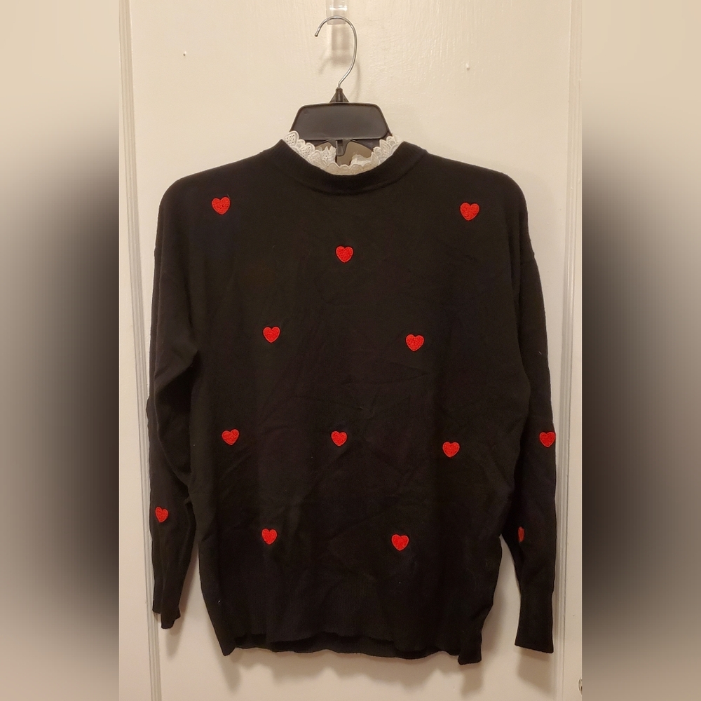 Sioni Milano Sweater‎ Women's Med. Black w/Hearts Ruffle Layered Lightweight NWT